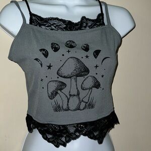ROMWE Fairycore Mushroom Print Contrast Lace Cami Top